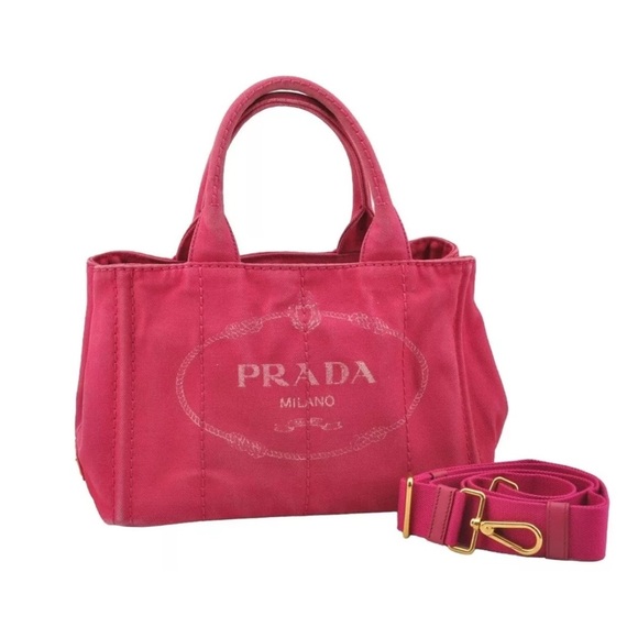 Authentic PRADA Canapa Canvas 2Way Hand Tote Bag Purse Pink with strap Beautiful - Picture 1 of 17